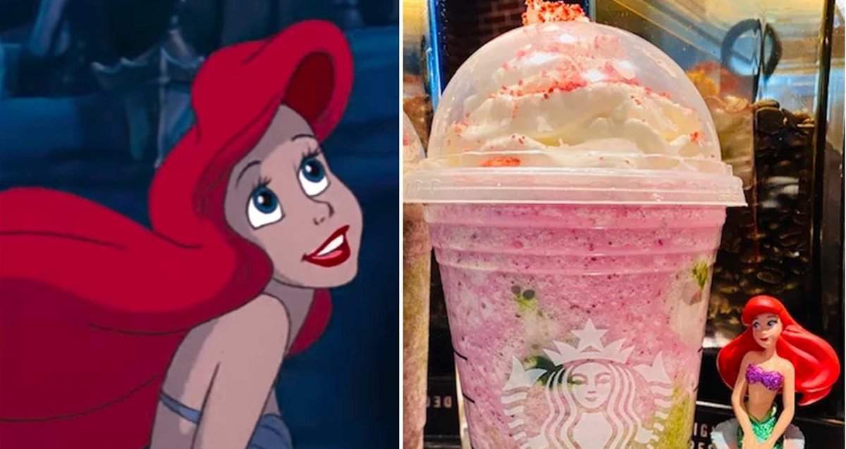 Ariel, the red-haired mermaid princess from Disney's The Little Mermaid, is pictured beside a whimsical pink Frappuccino topped with whipped cream, reminiscent of the famous Ariel Frappuccino from the Starbucks Secret Menu—perfect for fans enjoying magical treats at Disney Parks.