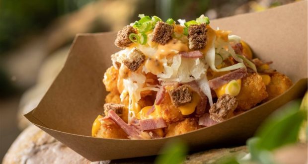 Reuben Totchos take your taste buds on a theme park adventure, just like the ones at Disney’s Animal Kingdom! This savory treat layers classic tater tots with gooey cheese sauce, savory shredded meat, tangy sauerkraut, crunchy rye bread pieces, zesty sauce, and vibrant green onions. Every bite packs all the excitement and bold flavors of a Reuben sandwich—theme park style.
