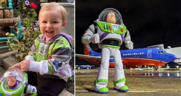 Buzz Lightyear fan beams in a themed hoodie, clutching a matching Buzz Lightyear toy; an airline crew member reunites the lost Buzz action figure with its young Space Ranger on the tarmac beside a nighttime aircraft, capturing the spirit of adventure straight out of Disney•Pixar’s Toy Story.