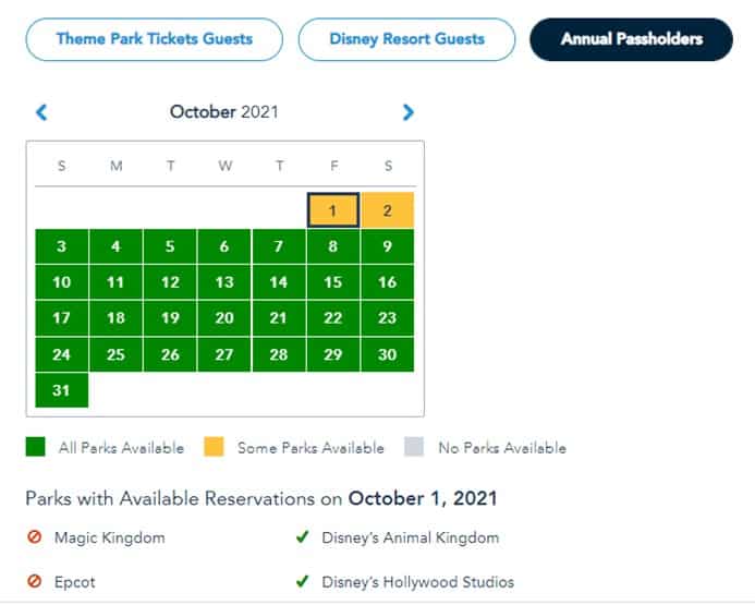 October 2021 park reservation calendar revealing wide-open availability for all Disney World parks, except for October 1 and 2—those dates are marked limited for Passholder Park Passes in celebration of EPCOT’s Remy’s Ratatouille Adventure grand opening.