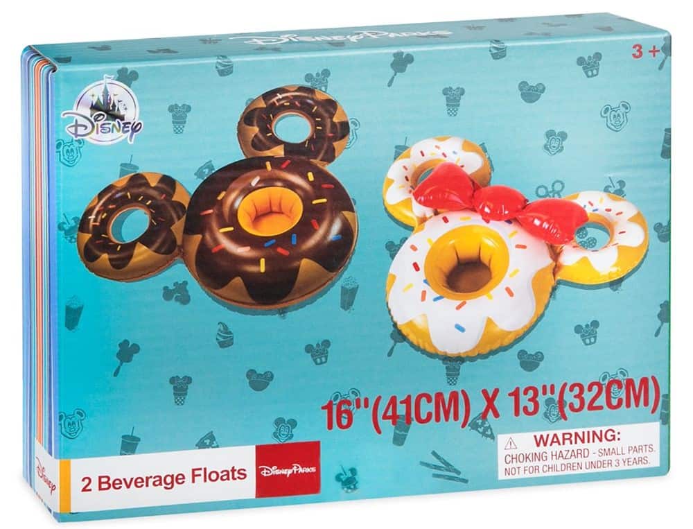 Disney-themed packaging featuring Mickey and Minnie donut-shaped floating drink holders, displayed with size details and safety information—perfect for adding a touch of classic magic to your day at the park or pool.