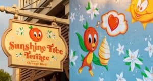 At Magic Kingdom’s Sunshine Tree Terrace, a vibrant mural showcases Orange Bird surrounded by playful flowers and swirls of soft-serve, offering Disney fans an irresistibly whimsical photo opportunity.