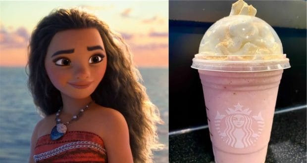 Moana beams by the ocean backdrop, holding a vibrant pink Moana Frappuccino from the Starbucks Secret Menu, complete with swirls of whipped cream—a whimsical treat perfect for Disney park fans.