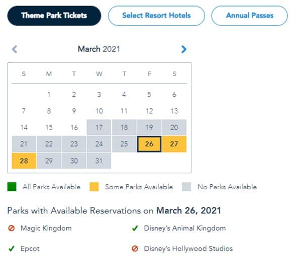 March 2021 calendar displaying Disney Parks Passholder reservation availability, highlighting that Epcot is the only park open for bookings on March 26 while Magic Kingdom, Hollywood Studios, and Animal Kingdom are fully reserved.