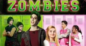 Zed and Eliza, sporting their signature green hair and zombie makeup, pose with Addison and Bree in bright pink Seabrook cheer uniforms in front of school lockers—bringing a Disney Channel’s Zombies 3 scene to life for fans.