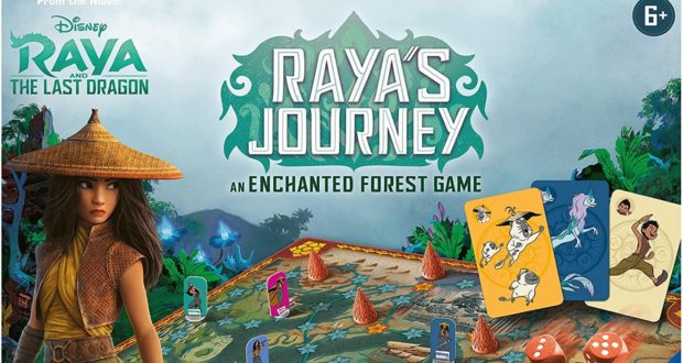 The “Raya’s Journey: An Enchanted Forest Game” box by Ravensburger, showcasing Raya alongside an immersive game board and themed character cards inspired by the magical Enchanted Forest Board Game experience—perfect for fans of Disney adventures and family entertainment nights.