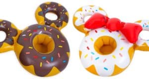 Donut-shaped pool floats styled after Mickey and Minnie, featuring a chocolate sprinkle design and a white donut with red bow and sprinkles, bring Disney magic to your pool party lineup.