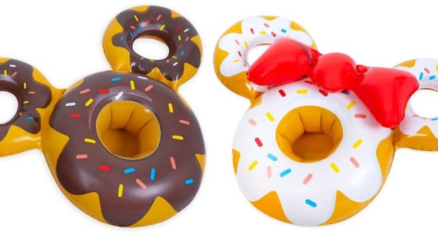 Donut-shaped pool floats styled after Mickey and Minnie, featuring a chocolate sprinkle design and a white donut with red bow and sprinkles, bring Disney magic to your pool party lineup.