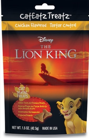 Simba from The Lion King stars on a cat dental treats package, set against a vibrant sunset reminiscent of Disney’s Animal Kingdom, with playful product details—these Disney Lion King treats invite your cat to join the magic and adventure of the Pride Lands.