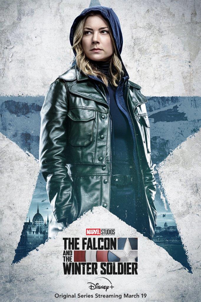 Sharon Carter in her signature hooded jacket poses before a bold star emblem in this eye-catching Character Poster, capturing the excitement of The Falcon and the Winter Soldier for Marvel fans.