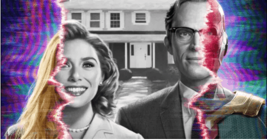 Vision and Wanda stand side by side, dramatically divided by colorful static reminiscent of WandaVision’s iconic visual effects, with their suburban Westview house in the background, capturing the suspense and intrigue familiar to Marvel fans from post-credits scenes before a grand season finale.