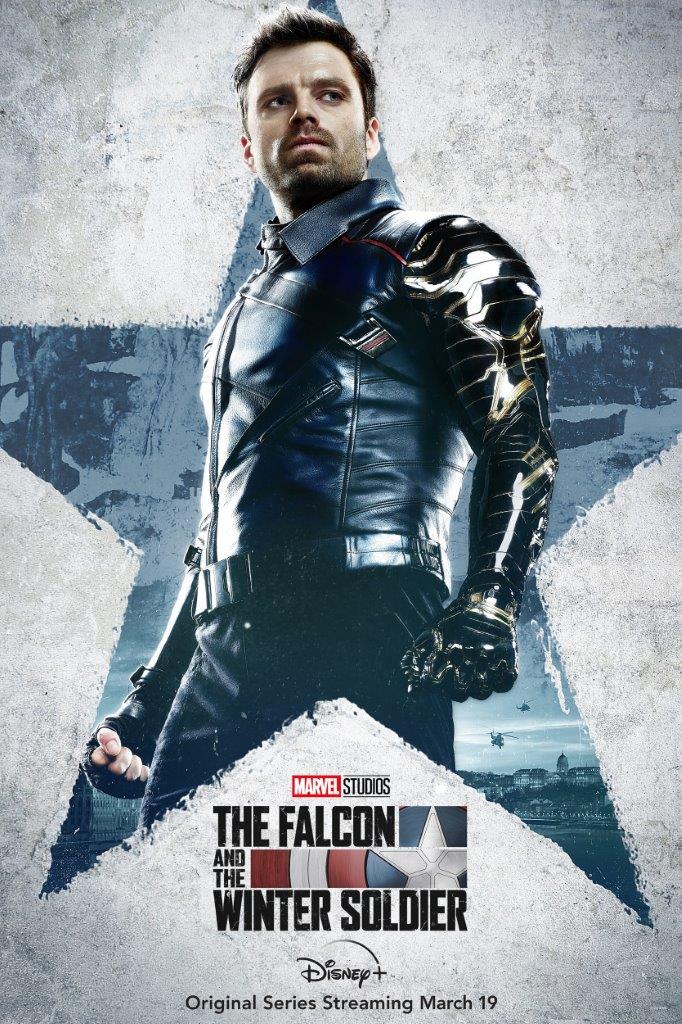 The Winter Soldier, dressed in sleek black armor, stands boldly before a star-studded backdrop with “The Falcon and the Winter Soldier” emblazoned across it—an eye-catching official poster sure to excite Marvel fans visiting the park.
