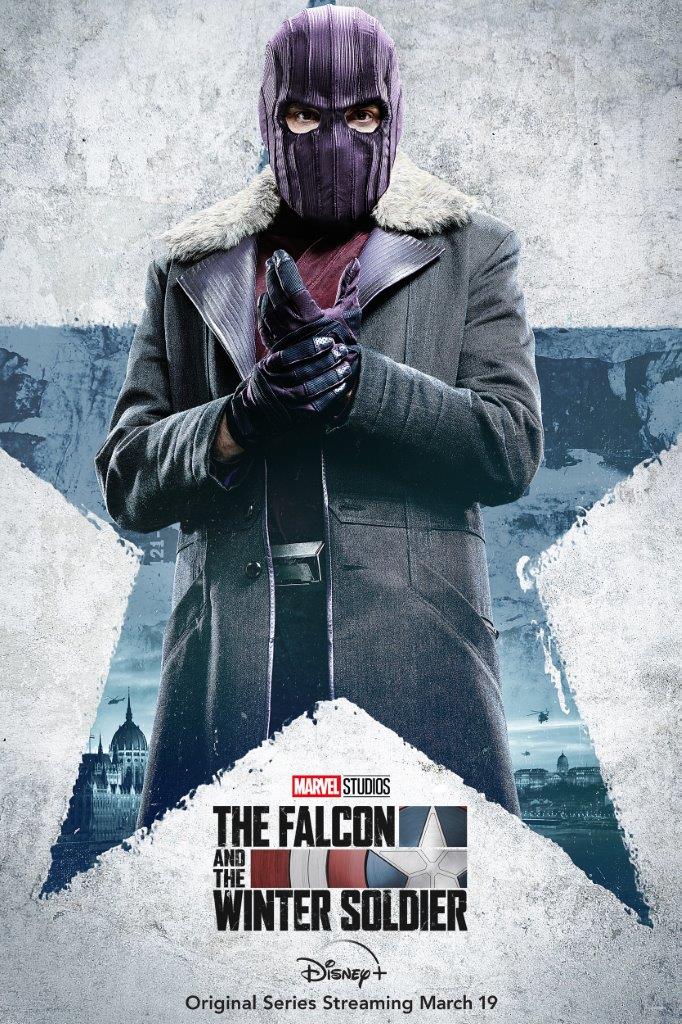 Baron Zemo stands in front of a bold blue star, his iconic mask and coat instantly recognizable from "The Falcon and The Winter Soldier." This dramatic character poster invites Marvel fans to experience the excitement of the series, capturing the thrill found in Marvel attractions and live entertainment.