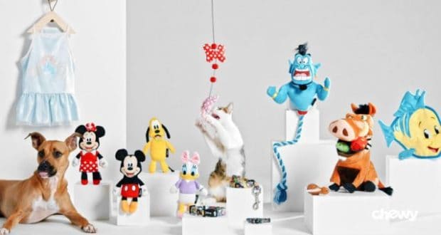 Dog and cat enjoying Disney magic with plush toys from the Chewy Disney Collection, a princess-style blue dress on display, and stylish collars arranged like character accessories; Chewy logo featured—making every pet feel like they're part of the happiest place on earth.