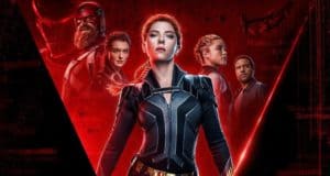 Marvel superheroes in iconic black and red suits strike powerful poses with fierce expressions against a dramatic red backdrop, echoing the high-energy atmosphere of an Avengers attraction. Their bold presence builds excitement for fans awaiting the upcoming May 7th release.