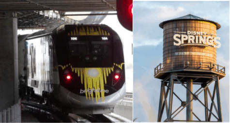 A Brightline train pulls into the station beside the iconic Disney Springs water tower, set against a sunny blue sky, inviting guests to seamlessly start their magical Walt Disney World adventure as soon as they arrive.