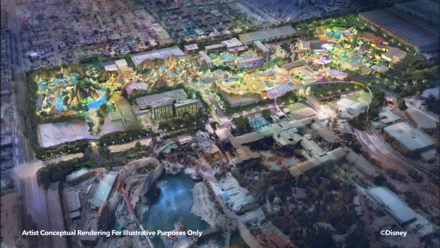 A dazzling nighttime aerial shot of Disneyland, illuminated with vibrant lights highlighting iconic attractions, winding pathways, and the surrounding cityscape—showcasing the park’s magical transformation and immersive Disney-themed details.