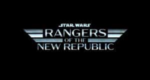 Star Wars: Rangers of the New Republic logo featuring bold metallic lettering and wing graphics glows against a black backdrop, channeling the excitement and adventure fans experience at Disney Parks Star Wars-themed attractions, with nods to popular characters like Hera Syndulla seen in Disney+ storylines.
