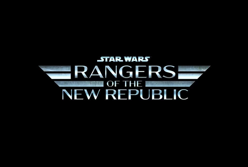 Star Wars: Rangers of the New Republic logo featuring bold metallic lettering and wing graphics glows against a black backdrop, channeling the excitement and adventure fans experience at Disney Parks Star Wars-themed attractions, with nods to popular characters like Hera Syndulla seen in Disney+ storylines.