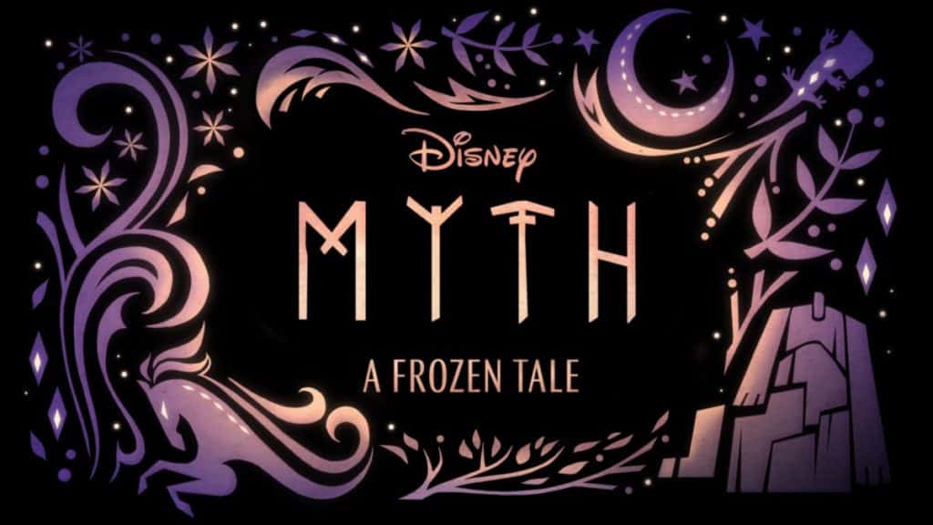 Disney Myth: A Frozen Tale title surrounded by swirling purple magical designs, a unicorn, a glowing moon, sparkling stars, and a majestic mountain—evoking the immersive wonder of Disney Parks' nighttime spectaculars and perfect for theme park fans seeking magical entertainment on Disney+.