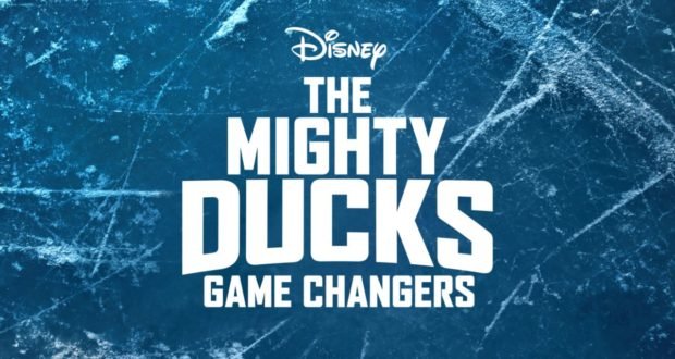 The Disney+ logo and "The Mighty Ducks: Game Changers" title appear across an ice rink backdrop, complete with skate marks, evoking the excitement of a Disney sports adventure—perfect for fans of immersive entertainment experiences.