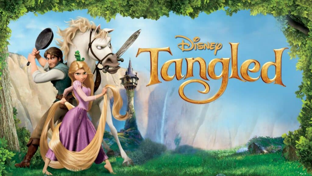 Rapunzel, joined by Flynn Rider and Maximus the horse, showcases her iconic long hair in front of a lush Tangled-inspired forest background with the "Disney Tangled" title—capturing the enchanting adventure found at Disney Parks and making it an essential experience for fans seeking top movie-themed attractions.