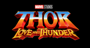 Thor: Love and Thunder title logo from Marvel Studios, displayed in dynamic, colorful metallic letters on a black backdrop, shining with Marvel’s signature style as it spotlights Russell Crowe’s role—perfect for thrilling theme park fans and entertainment seekers.