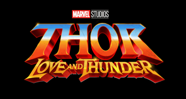 Thor: Love and Thunder title logo from Marvel Studios, displayed in dynamic, colorful metallic letters on a black backdrop, shining with Marvel’s signature style as it spotlights Russell Crowe’s role—perfect for thrilling theme park fans and entertainment seekers.