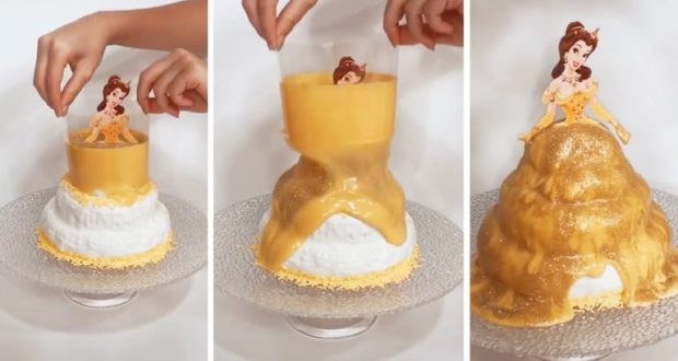 Three-panel image featuring a Belle cake at a Disney park, with golden yellow glaze being poured to create her sparkling gown—a magical showcase of Tsunami Cakes sure to delight Disney fans and theme park visitors.