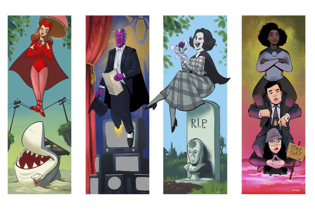 Four vibrant comic panels by a Disney artist, capturing beloved characters in imaginative costumes with dynamic backgrounds and themed props—an ideal collectible art print celebrating the playful spirit and storytelling magic found at Wanda Mansion in the parks.