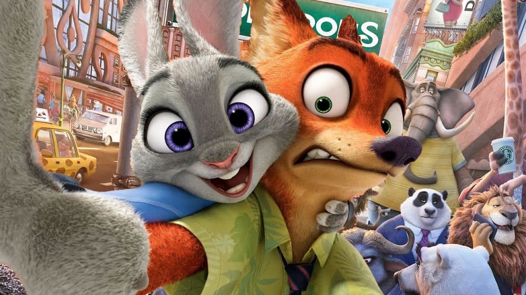 Judy Hopps and Nick Wilde take a selfie together on the lively streets of Zootopia, surrounded by other beloved animal citizens, creating a snapshot that’s pure movie magic for fans visiting Zootopia Land.