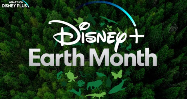 Disney+ Earth Month Collection logo displayed above a vibrant, lush forest scene with animal silhouettes, evoking the immersive and magical atmosphere of Disney's Animal Kingdom.