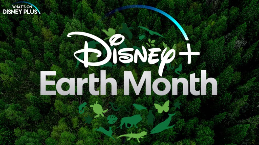 Disney+ Earth Month Collection logo displayed above a vibrant, lush forest scene with animal silhouettes, evoking the immersive and magical atmosphere of Disney's Animal Kingdom.
