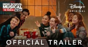 Cast members from High School Musical: The Musical: The Series Season 2 share a fun moment around a table topped with pizza and cake, smiling for the camera. The Disney+ and HSMTMTS logos highlight the excitement of this on-screen celebration.