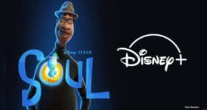 Pixar’s Soul poster showcased on Disney+, highlighting Joe—the film’s celebrated protagonist—along with the Disney+ logo, all set against a sleek black backdrop, inviting fans to experience the magic of Soul in their own home just like a night at Disney Parks.