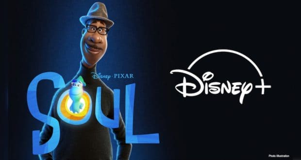 Pixar’s Soul poster showcased on Disney+, highlighting Joe—the film’s celebrated protagonist—along with the Disney+ logo, all set against a sleek black backdrop, inviting fans to experience the magic of Soul in their own home just like a night at Disney Parks.