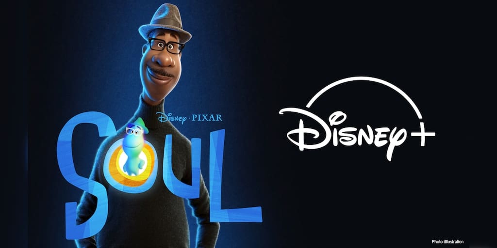 Pixar’s Soul poster showcased on Disney+, highlighting Joe—the film’s celebrated protagonist—along with the Disney+ logo, all set against a sleek black backdrop, inviting fans to experience the magic of Soul in their own home just like a night at Disney Parks.