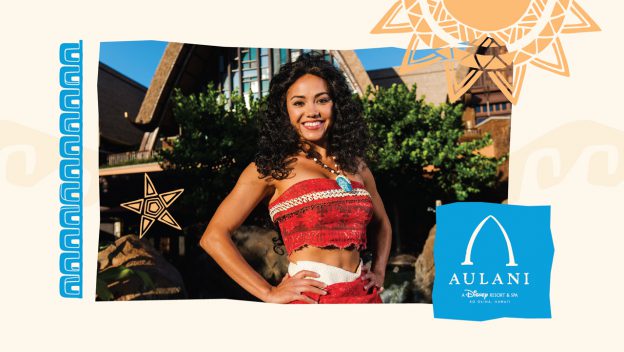 Moana greets guests with a warm smile at Disney's Aulani Resort in Hawaii, surrounded by colorful decorative graphics.