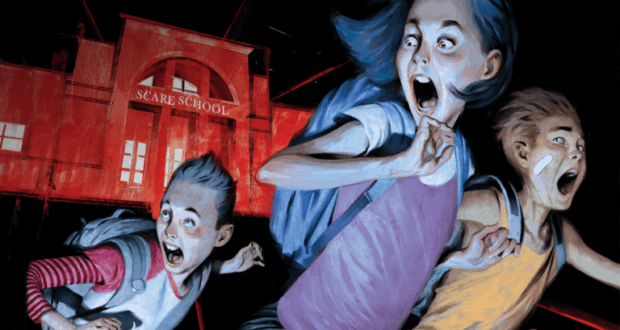 At night, three scared kids dash away from Scare School, a glowing red attraction designed to evoke the chilling thrills of the Just Beyond series now streaming on Disney+, blending the suspenseful vibe of a haunted house with immersive storytelling.
