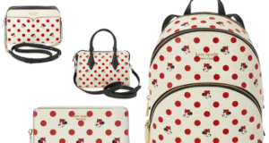 Four cream Kate Spade New York bags and wallets decorated with red polka dots and playful Minnie Mouse prints, styled like fun Disney Parks merchandise, are arranged on a bright white background, blending signature Minnie Dots cheer with designer flair.