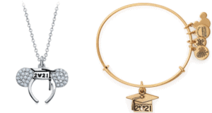 Celebrate your Disney graduation in style with a silver necklace featuring "2021" and Mickey ears, along with a gold bracelet adorned with a graduation cap and "2021" charm—magical keepsakes for Disney fans marking their milestone moments from shopDisney.