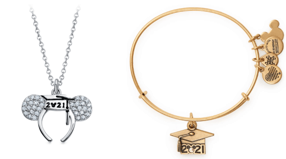 Celebrate your Disney graduation in style with a silver necklace featuring "2021" and Mickey ears, along with a gold bracelet adorned with a graduation cap and "2021" charm—magical keepsakes for Disney fans marking their milestone moments from shopDisney.