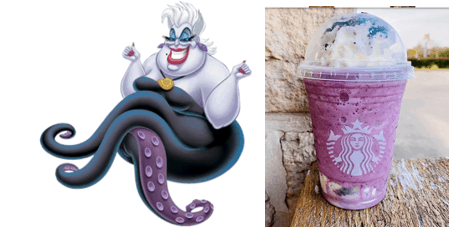 Ursula from The Little Mermaid poses beside a dazzling purple Starbucks drink crowned with whipped cream, embodying the whimsical charm of the Ursula Frappuccino—an enchanting refreshment for Disney park guests seeking a magical Disney villain-inspired treat.