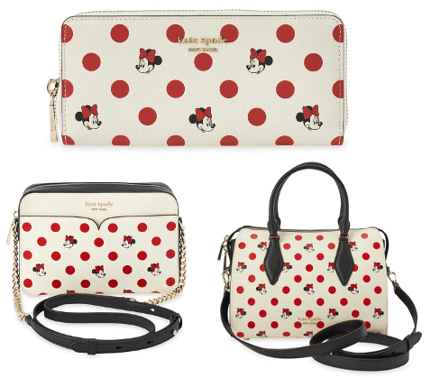 Three white Kate Spade bags from the New York Collection covered in red polka dots and Minnie Mouse faces, with black straps and handles—an ideal Disney Parks accessory for fans celebrating Minnie’s signature style at the happiest places on earth.