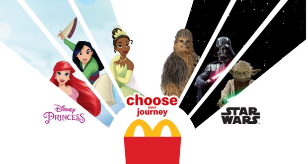 Disney Princesses and Star Wars icons hover above the McDonald's Golden Arches, accompanied by the phrase "choose your journey," evoking the adventure and enchantment of a theme park experience found in McDonald's Happy Meal Toys and inviting families to embark on their own magical quest.