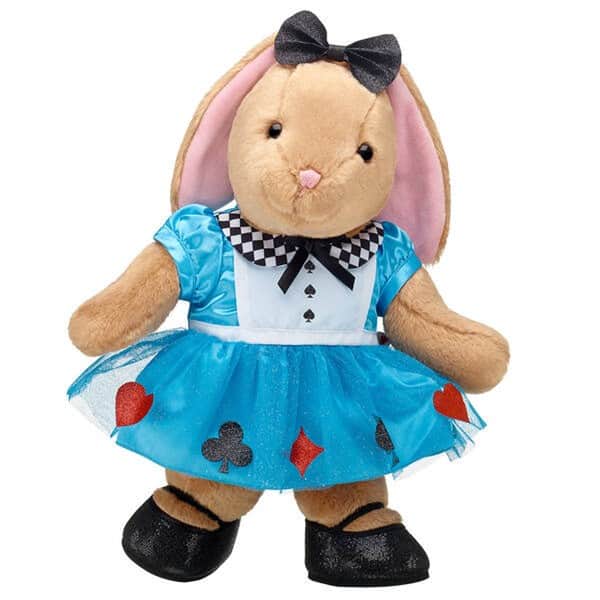 Alice in Wonderland-inspired plush bunny wearing a whimsical blue dress adorned with card suits, black shoes, and a signature black hair bow—available exclusively at Build-A-Bear Workshop for your next magical theme park adventure.