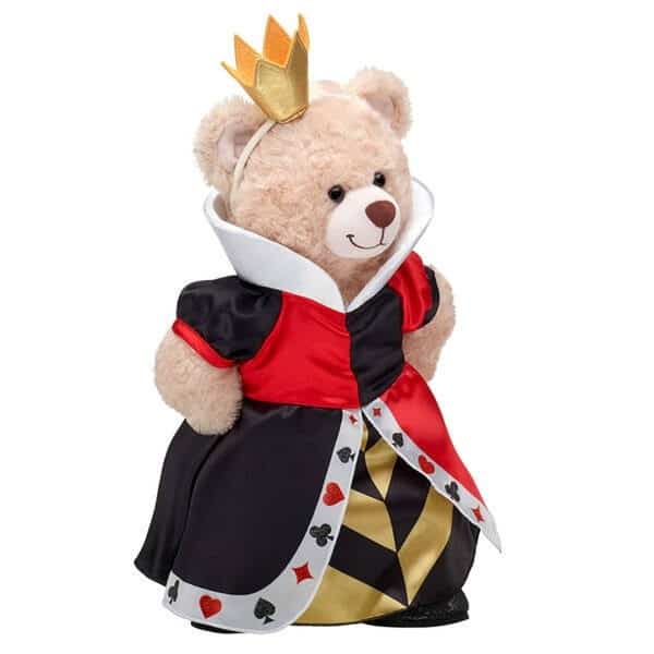 The Queen of Hearts teddy bear from Build-a-Bear Workshop, outfitted in a crown and an elaborate red, black, and gold gown inspired by Alice In Wonderland’s royal court. A magical addition for Disney parks fans or collectors enchanted by storybook characters.