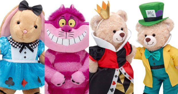 Build-A-Bear Workshop plush toys featuring Alice, Cheshire Cat, Queen of Hearts, and Mad Hatter from Disney’s Alice In Wonderland, ready for their magical adventure.