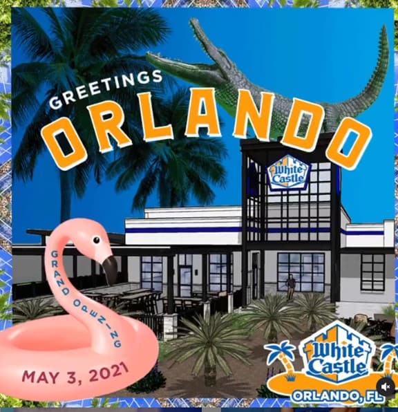 White Castle in Orlando, located just outside Walt Disney World, showcases a playful Florida vibe with a giant gator, swaying palm trees, and an eye-catching pink flamingo float—perfect for fans exploring the area’s themed attractions.