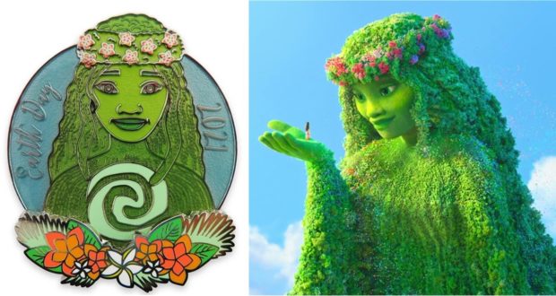 Disney’s Earth Day pin features a vibrant green goddess adorned with floral accents in her hair as she gently cradles a tiny figure; on the left, enjoy an enchanting illustration, while on the right discover an animated version inspired by Moana. This limited release collectible beautifully channels Disney’s celebration of nature and environmental spirit.